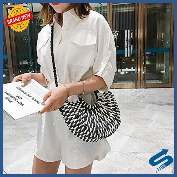 Hand-Woven Straw Tote Bag with Shoulder Strap for Beach Shopping Travel - Picture 7 of 7